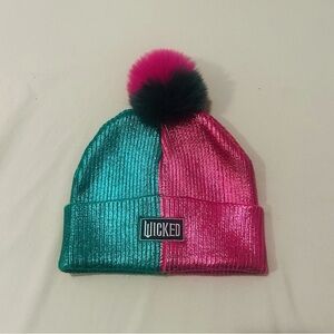 Wicked Kids' Shimmering Pink and Green Pom-Pom Beanie